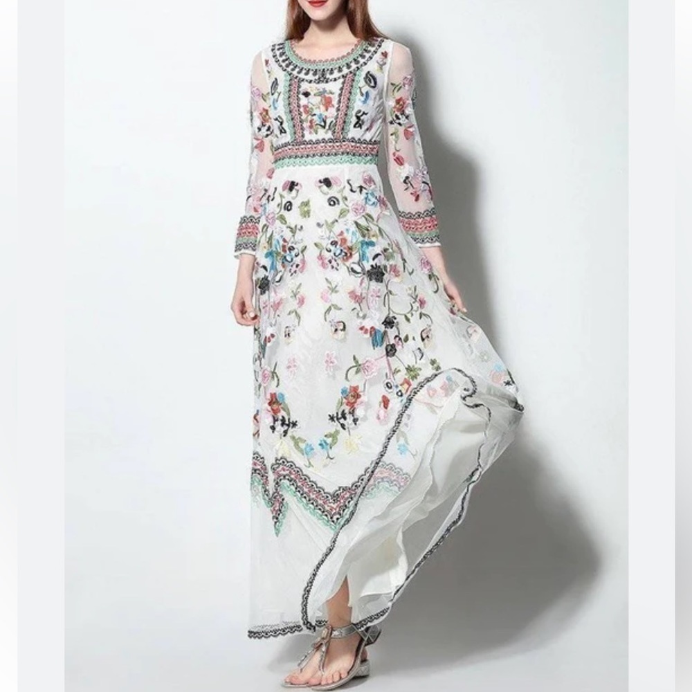 Embroidery Flowers Boho Silk Dress